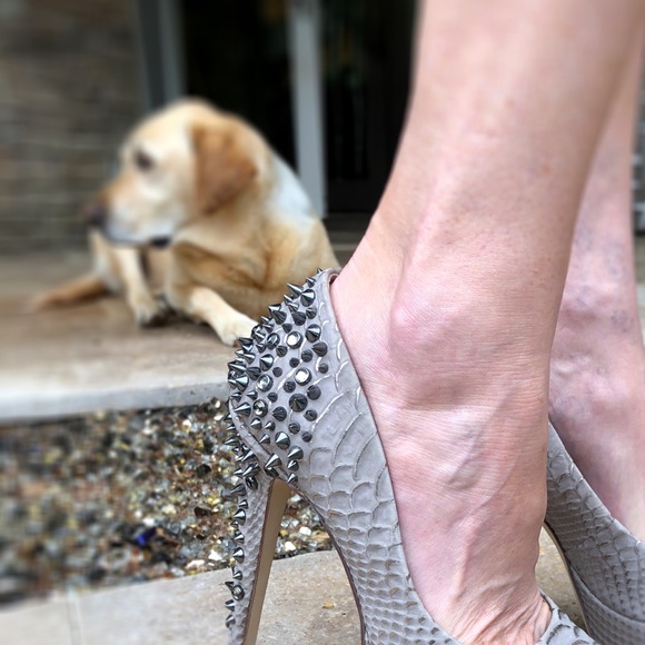 Saks Fifth Avenue RED studded platform heels - Picture 5 of 8